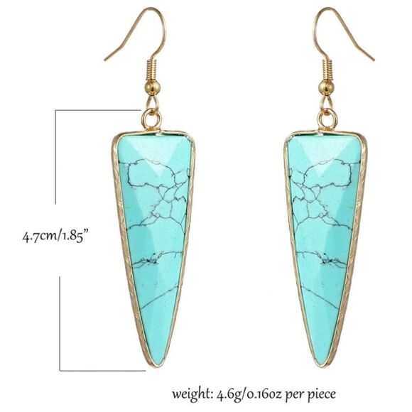 18K Yellow Gold with Natural Blue Turquoise Stone French Wire Drop Hook Earrings - Picture 6 of 6